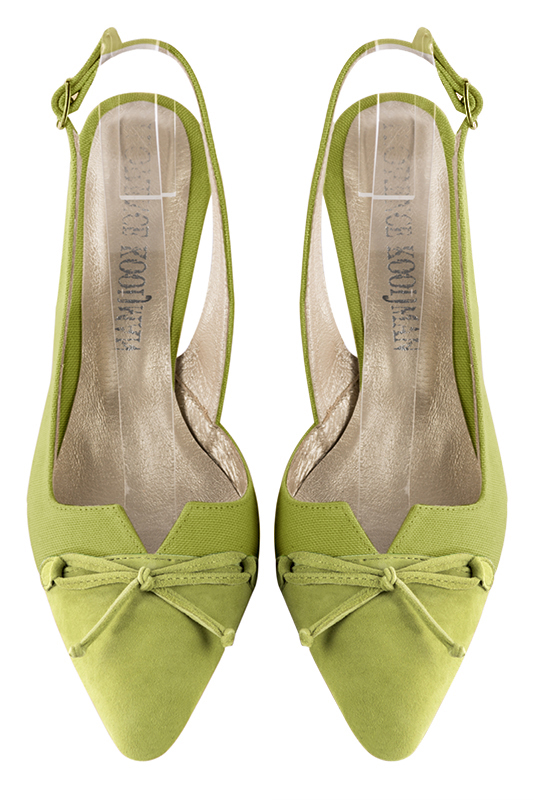 Pistachio green women's open back shoes, with a knot. Tapered toe. Medium slim heel. Top view - Florence KOOIJMAN
